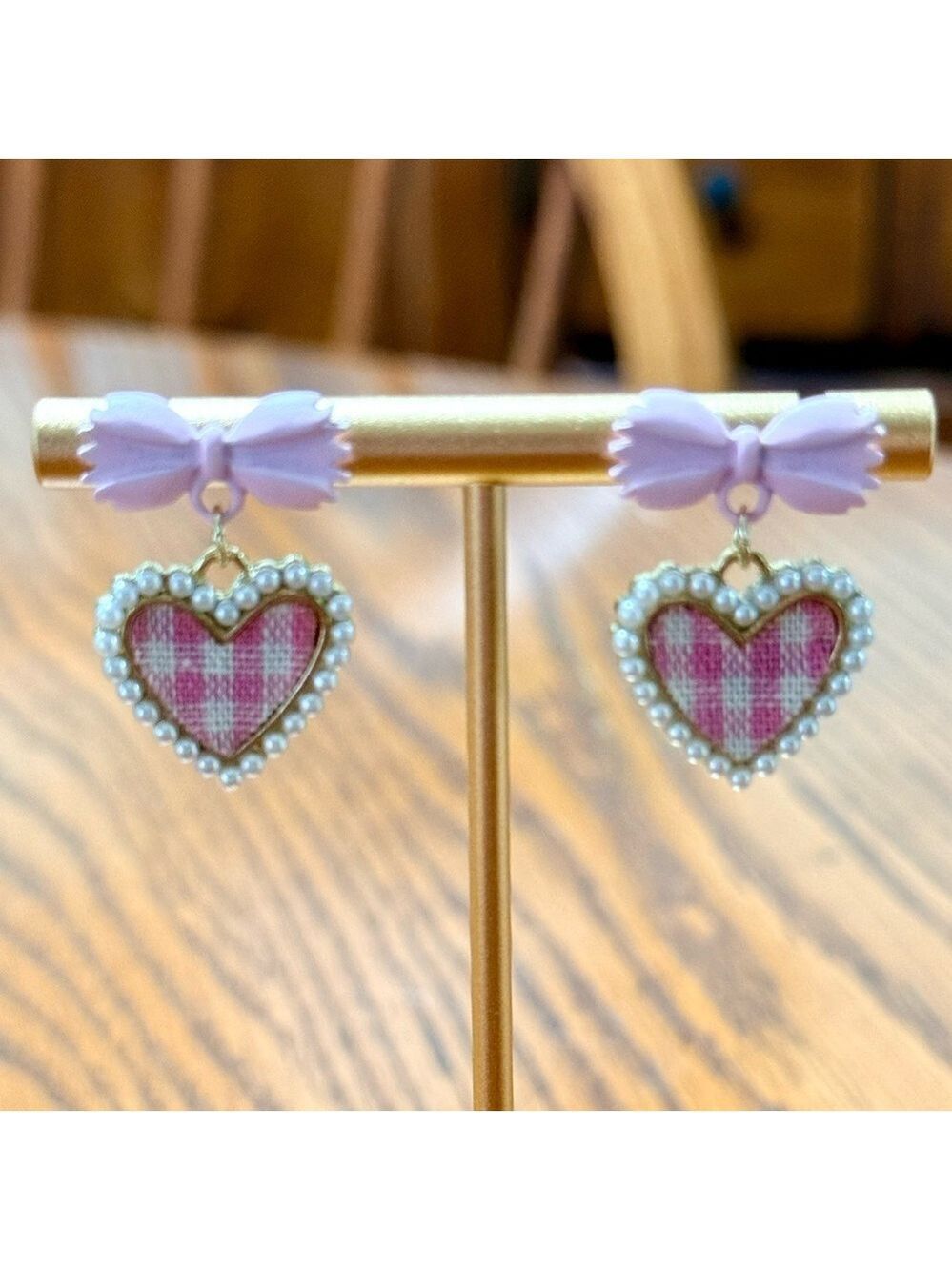 Pink Heart Plaid Gingham Earrings With Bow & Pearl Accents Dangle Drop New